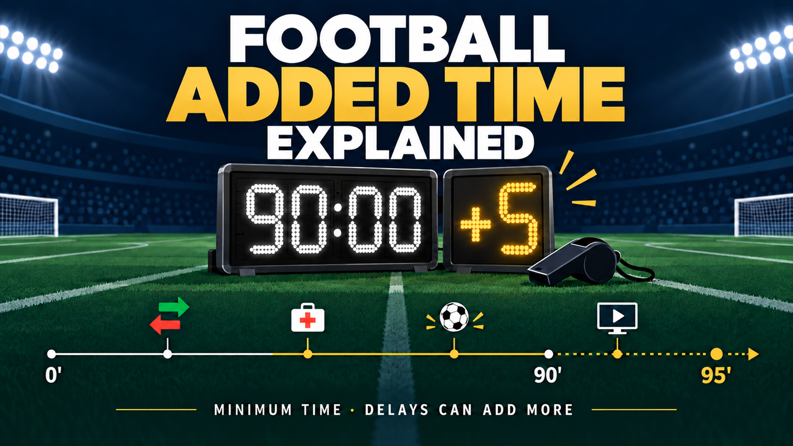 A football match clock at 90:00 with a +5 added-time board, whistle and stoppage timeline